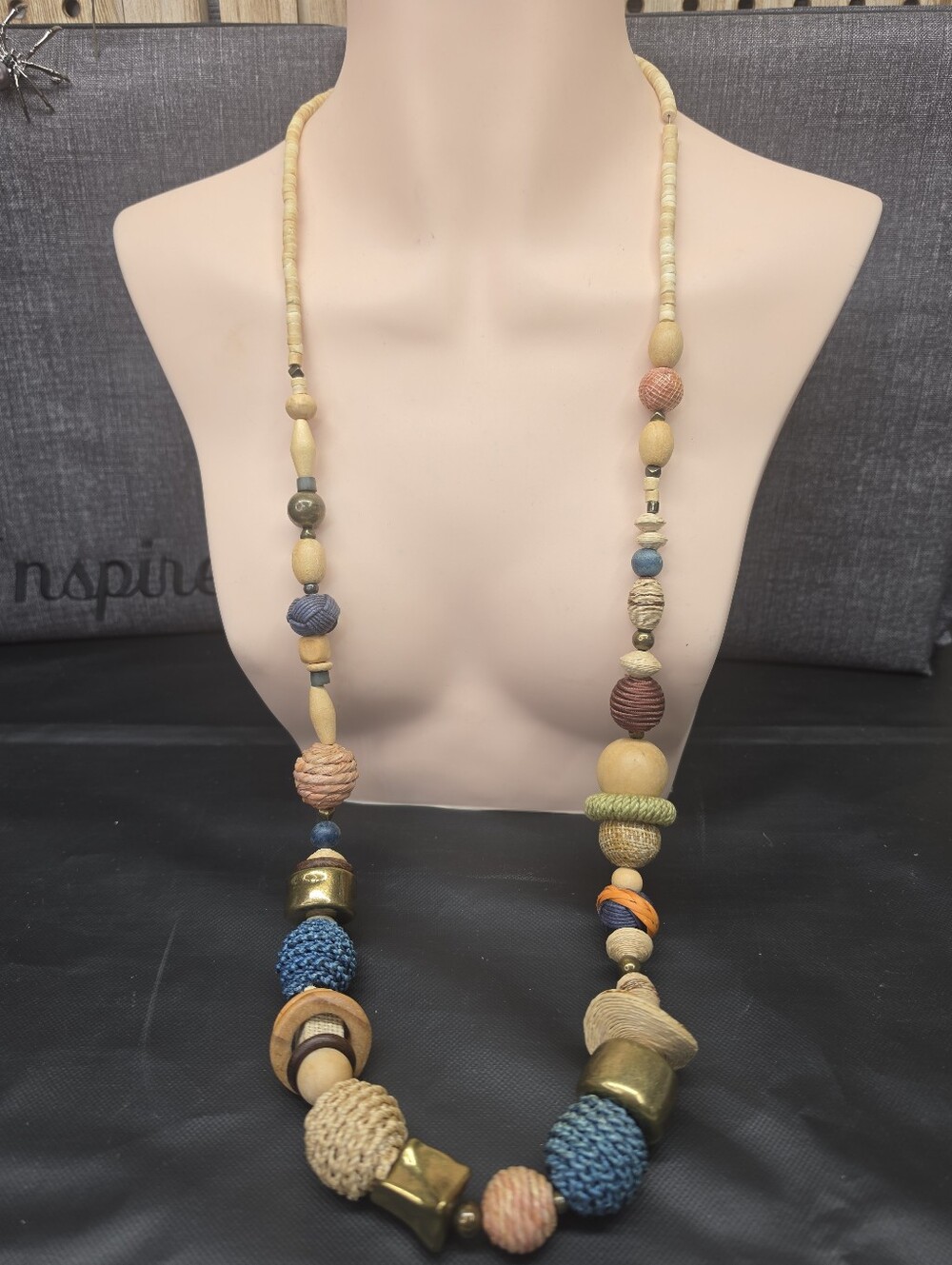 Chico’s 38” Mixed Media Statement Necklace Boho Wood Fiber Beads